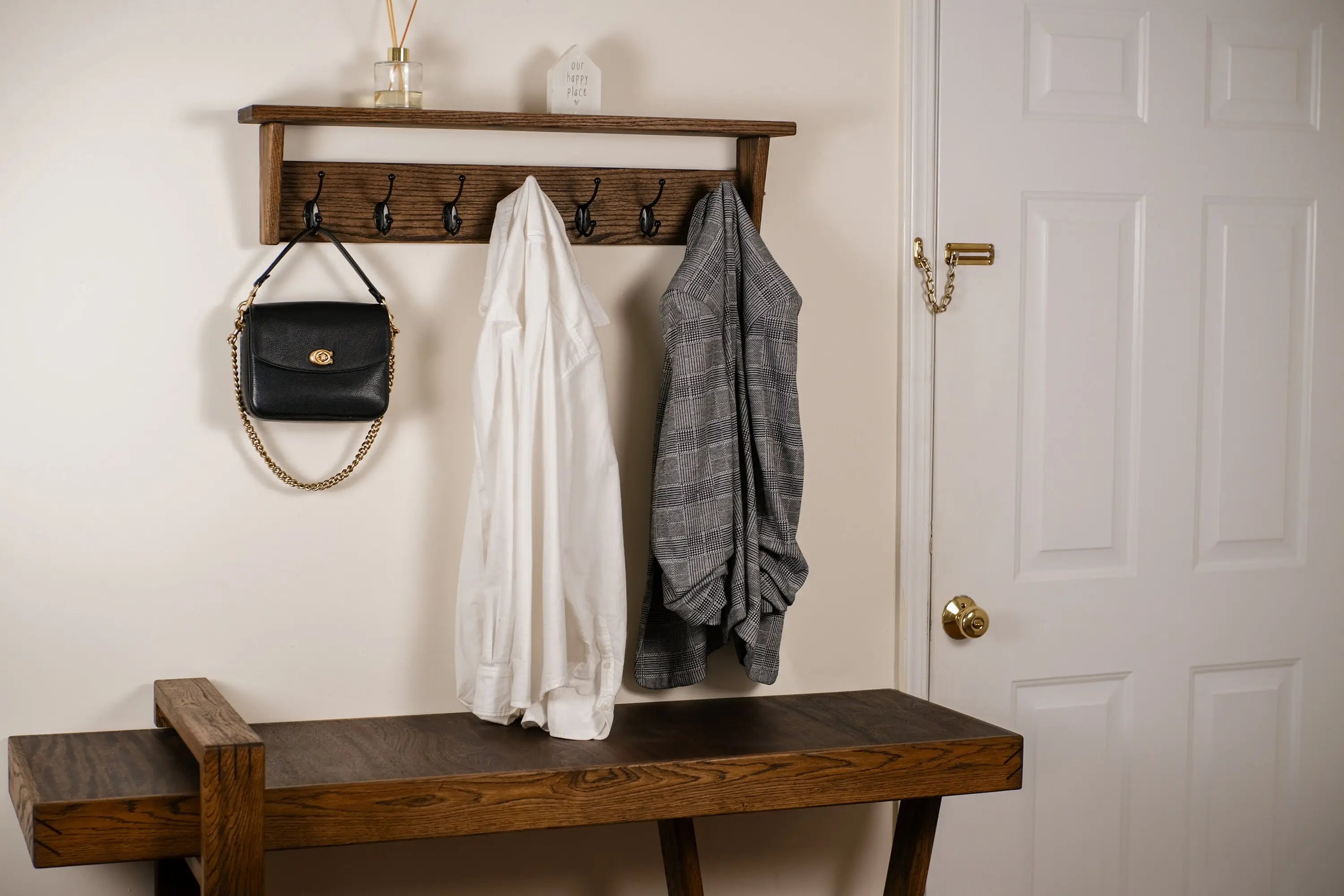 Wall-mounted coat rack with wooden shelf – minimalist design for entryway organization