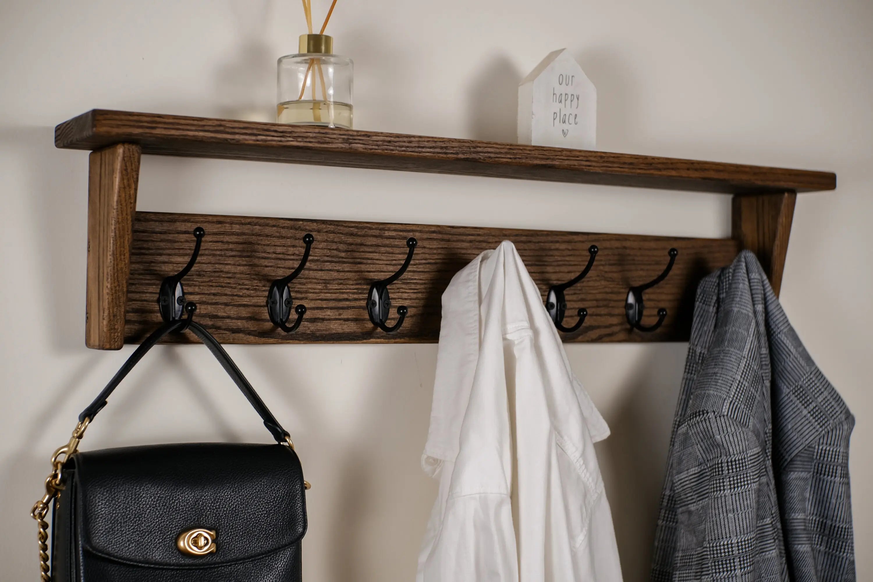 Handcrafted wood coat rack with top storage shelf – ideal for jackets, bags, and decor