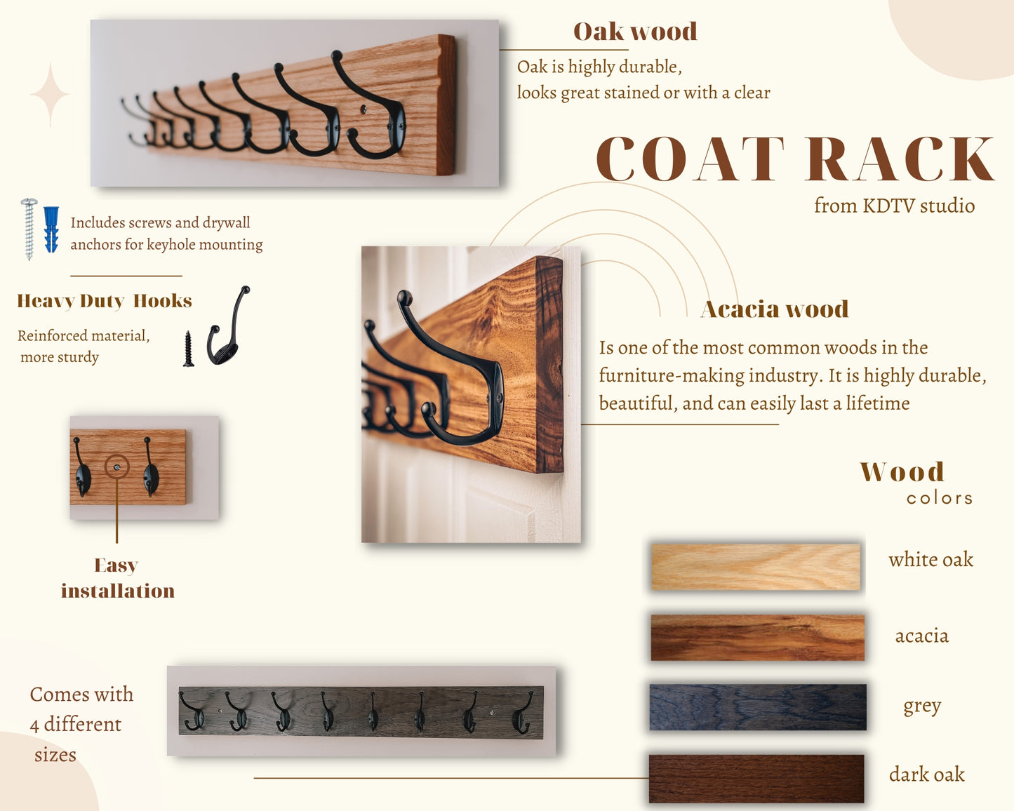 Coat rack,Coat Hooks,Acacia wood