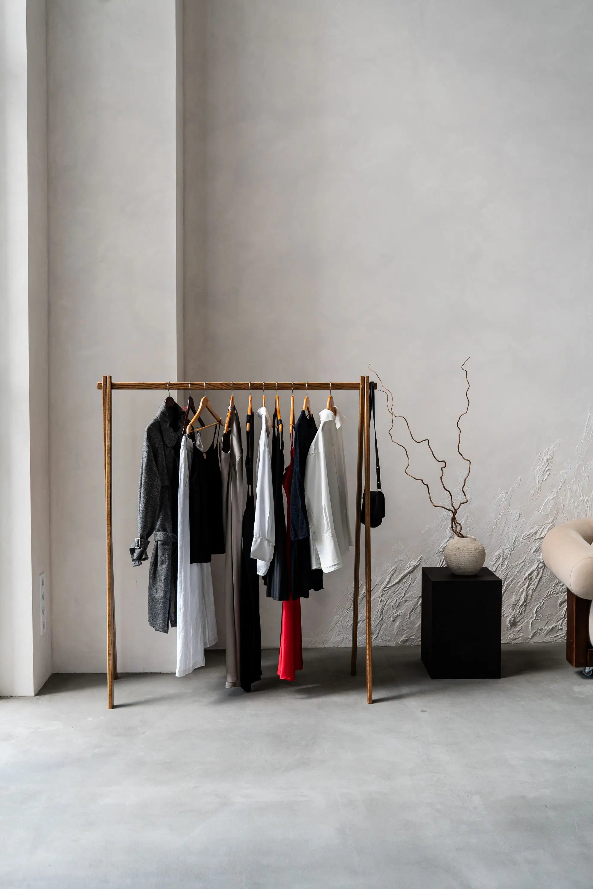 Minimalist retail garment stand – handcrafted from eco-friendly wood