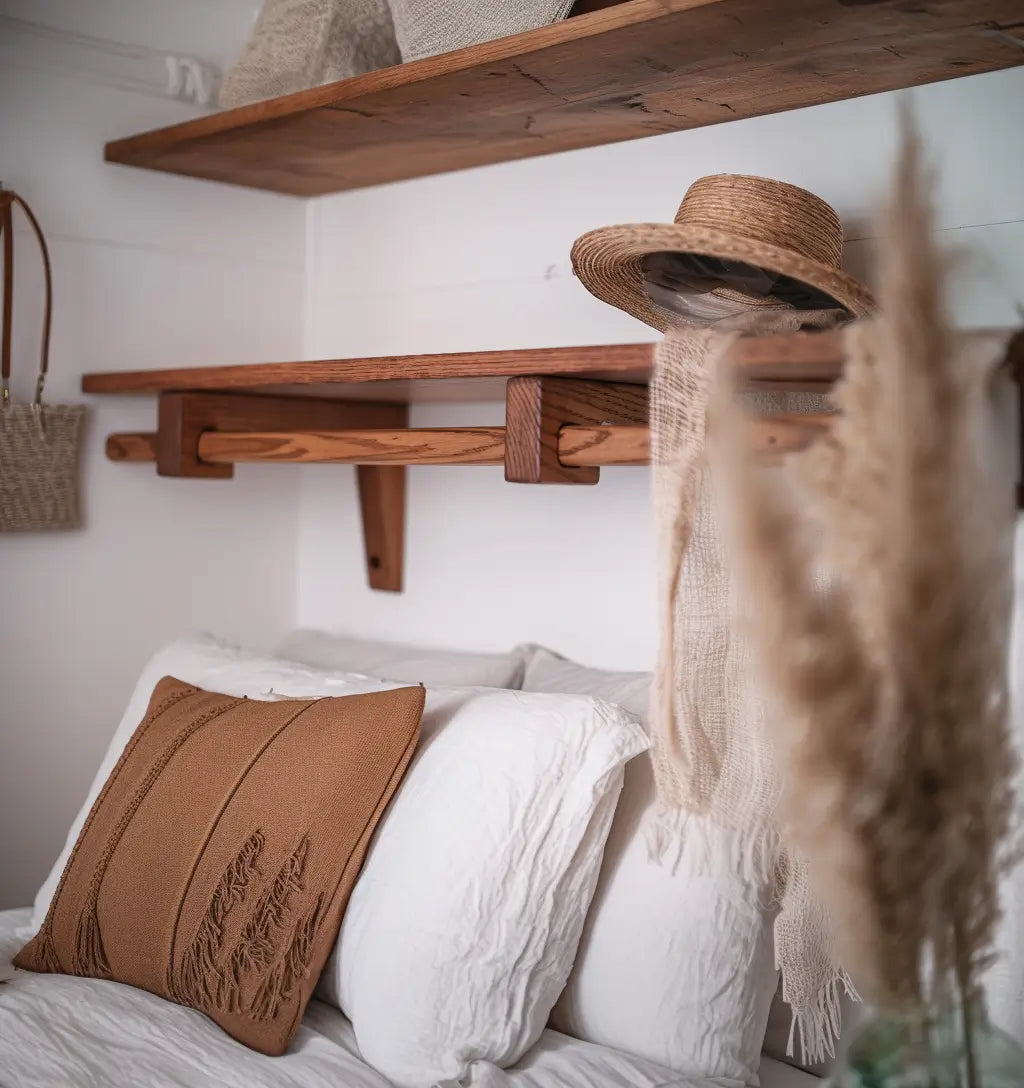 Wall-mounted brown oak shelf in hallway

